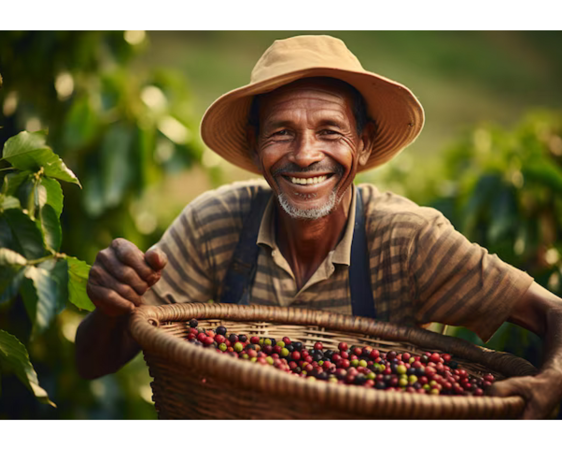 Laughing Bird Coffee Farmer Picking Coffee Cherries into Woven Basket